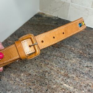 Tan Leather Guatemalan Belt with Buckle and Colorful Woven Inserts, 30
